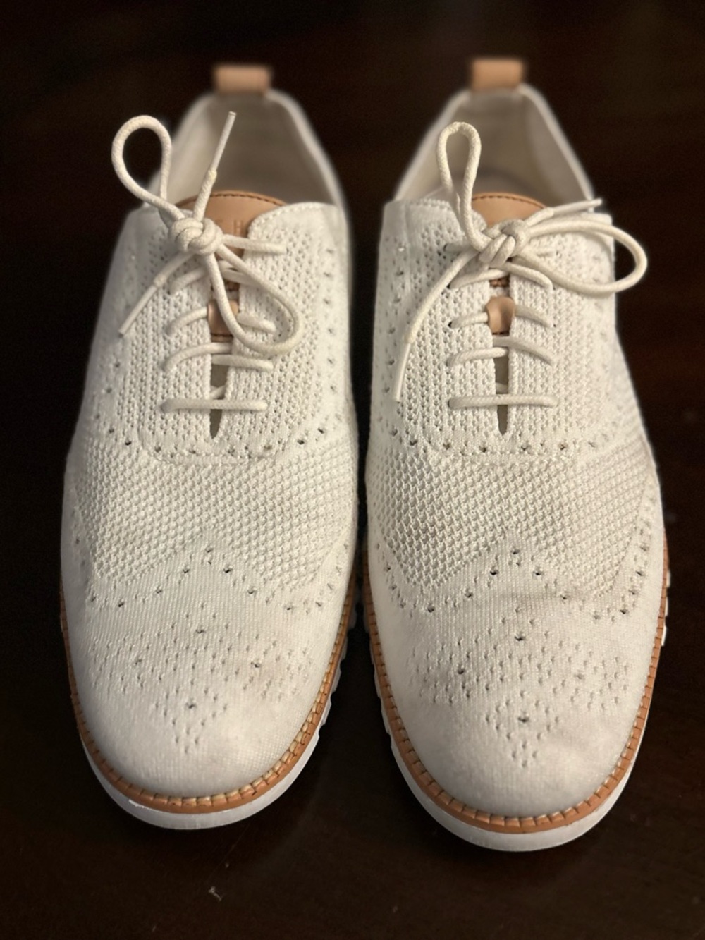 Cole Haan Zero White and Tan Slip-On Knit Wing Tip Oxford